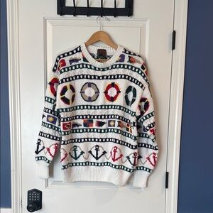 Vintage Rare  Boston Traders Nautical Theme Pattern Pullover White Knit Sweater